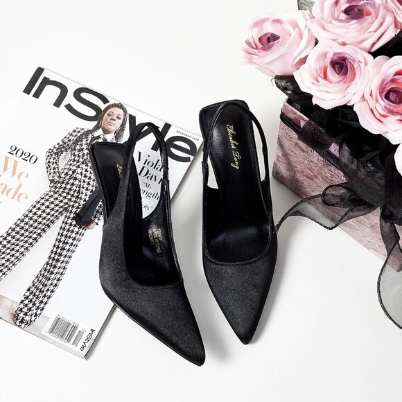 Women Black Satin Pointed Closed Toe mid Slingback Mid High Heels Stiletto Pumps - Picture 3 of 9